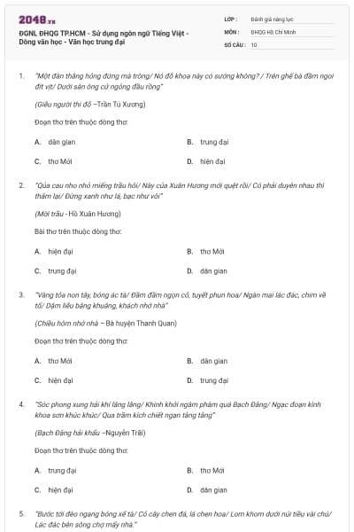 ĐGNL ĐHQG TP.HCM - Sử dụng ngôn ngữ Tiếng Việt - Dòng văn học - Văn học trung đại