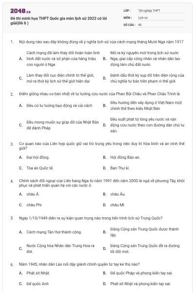 Đề thi minh họa THPT Quốc gia môn lịch sử 2022 có lời giải(Đề 6 )