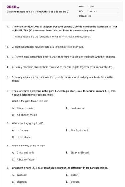 Đề kiểm tra giữa học kì 1 Tiếng Anh 10 có đáp án- Đề 2