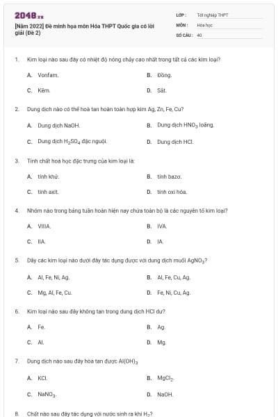 [Năm 2022] Đề minh họa môn Hóa THPT Quốc gia có lời giải (Đề 2)