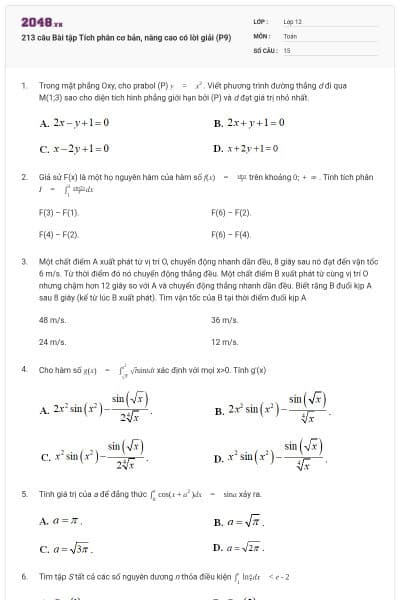 213 câu Bài tập Tích phân cơ bản, nâng cao có lời giải (P9)