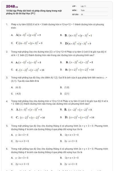 18 Bài tập Phép dời hình và phép đồng dạng trong mặt phẳng từ đề thi Đại Học (P1)