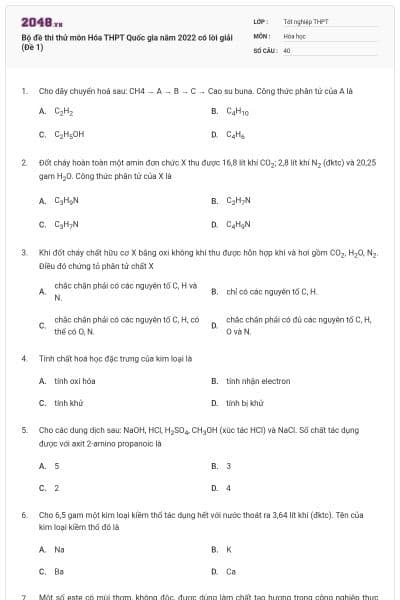 Bộ đề thi thử môn Hóa THPT Quốc gia năm 2022 có lời giải (Đề 1)