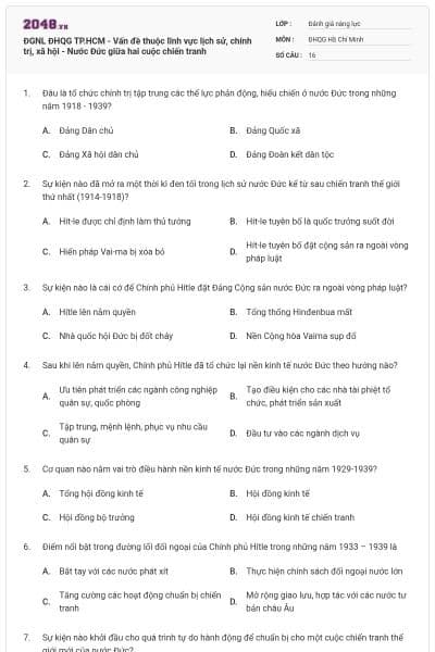 ĐGNL ĐHQG TP.HCM - Vấn đề thuộc lĩnh vực lịch sử, chính trị, xã hội - Nước Đức giữa hai cuộc chiến tranh