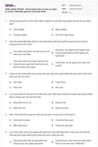 ĐGNL ĐHQG TP.HCM - Vấn đề thuộc lĩnh vực lịch sử, chính trị, xã hội - Nhật Bản giữa hai cuộc chiến tranh