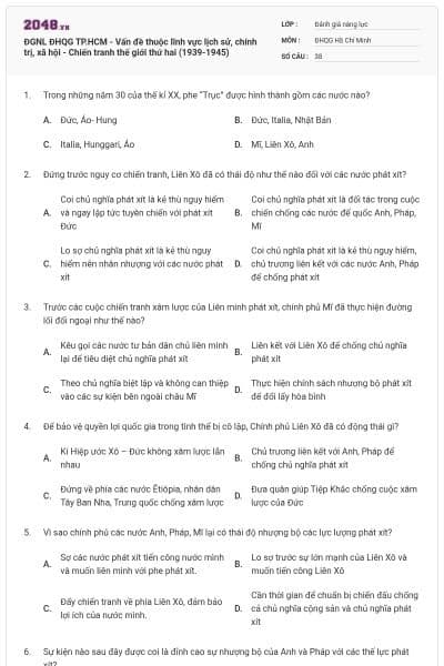 ĐGNL ĐHQG TP.HCM - Vấn đề thuộc lĩnh vực lịch sử, chính trị, xã hội - Chiến tranh thế giới thứ hai (1939-1945)