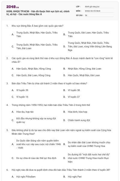 ĐGNL ĐHQG TP.HCM - Vấn đề thuộc lĩnh vực lịch sử, chính trị, xã hội - Các nước Đông Bắc Á