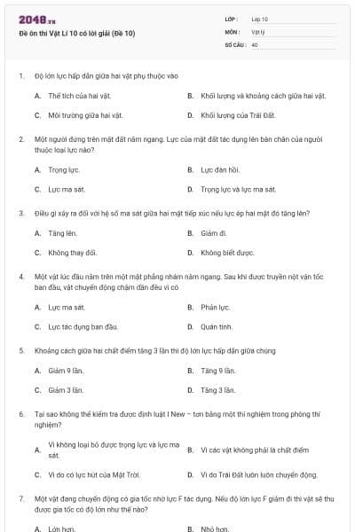 Đề ôn thi Vật Lí 10 có lời giải (Đề 10)