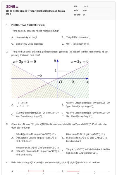Bộ 10 đề thi Giữa kì 1 Toán 10 Kết nối tri thức có đáp án - Đề 1