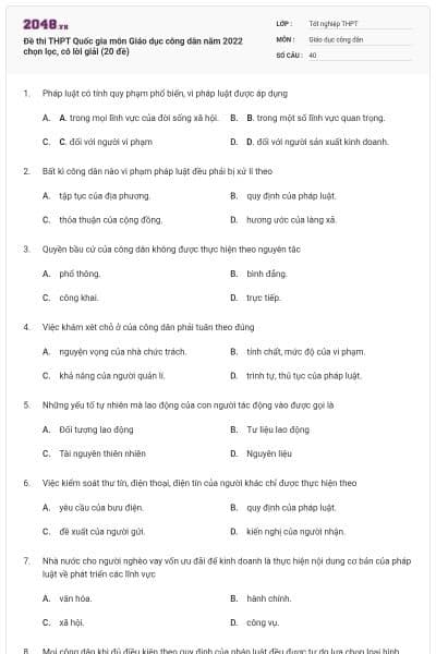 Đề thi THPT Quốc gia môn Giáo dục công dân năm 2022 chọn lọc, có lời giải (20 đề)