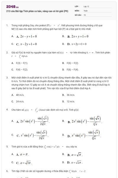 213 câu Bài tập Tích phân cơ bản, nâng cao có lời giải (P9)