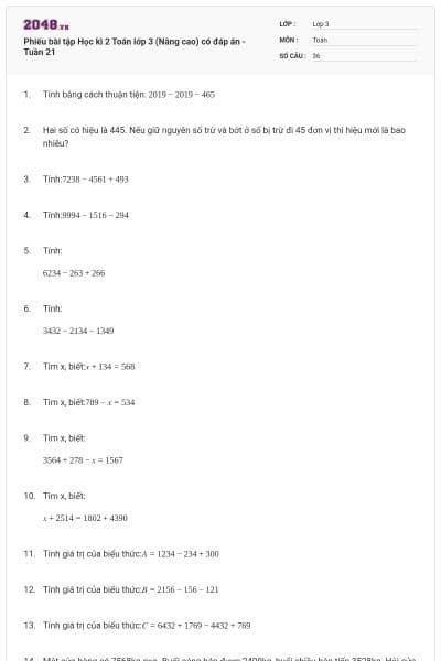 Phiếu bài tập Học kì 2 Toán lớp 3 (Nâng cao) có đáp án -Tuần 21