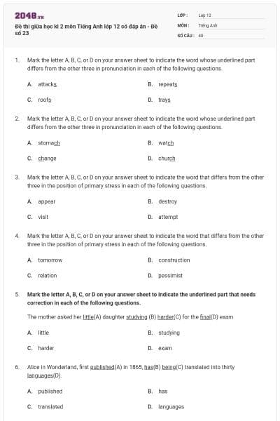 Đề thi giữa học kì 2 môn Tiếng Anh lớp 12 có đáp án - Đề số 23