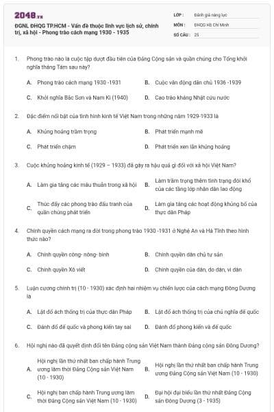 ĐGNL ĐHQG TP.HCM - Vấn đề thuộc lĩnh vực lịch sử, chính trị, xã hội - Phong trào cách mạng 1930 - 1935