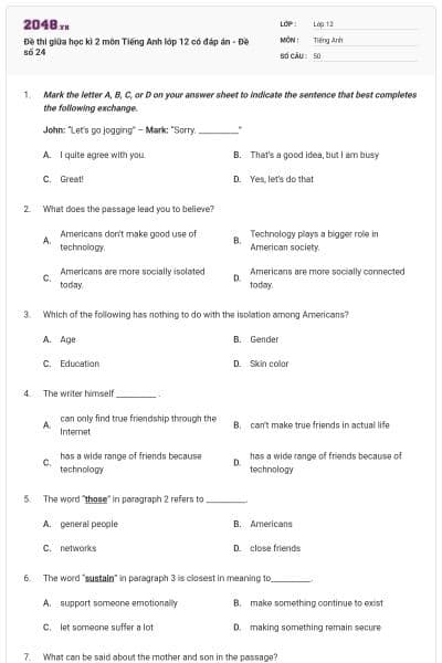 Đề thi giữa học kì 2 môn Tiếng Anh lớp 12 có đáp án - Đề số 24