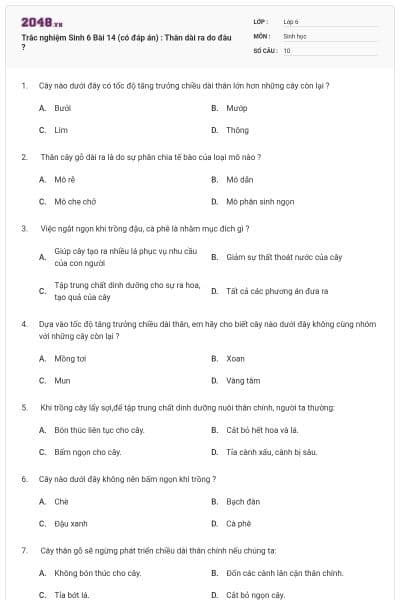 Trắc nghiệm Sinh 6 Bài 14 (có đáp án) : Thân dài ra do đâu ?
