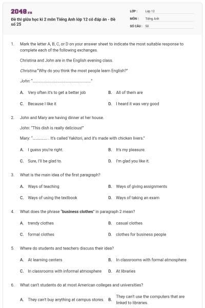 Đề thi giữa học kì 2 môn Tiếng Anh lớp 12 có đáp án - Đề số 25