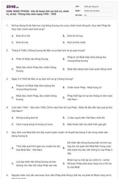 ĐGNL ĐHQG TP.HCM - Vấn đề thuộc lĩnh vực lịch sử, chính trị, xã hội - Phong trào cách mạng 1939 - 1945