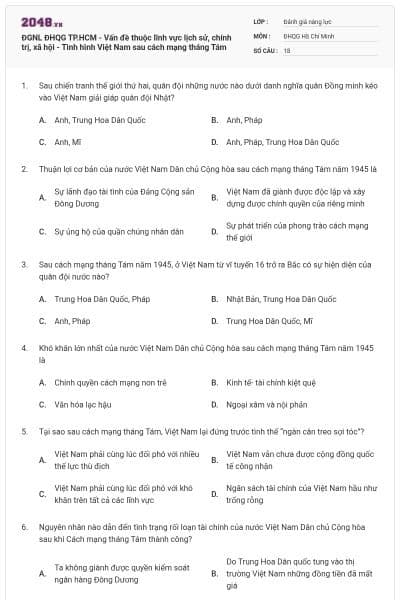 ĐGNL ĐHQG TP.HCM - Vấn đề thuộc lĩnh vực lịch sử, chính trị, xã hội - Tình hình Việt Nam sau cách mạng tháng Tám