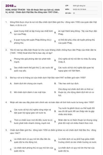 ĐGNL ĐHQG TP.HCM - Vấn đề thuộc lĩnh vực lịch sử, chính trị, xã hội - Chiến dịch Việt Bắc thu đông năm 1947-Chiến dịch Biên giới năm 1950