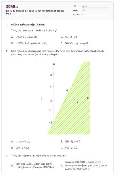 Bộ 10 đề thi Giữa kì 1 Toán 10 Kết nối tri thức có đáp án - Đề 2