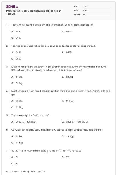 Phiếu bài tập Học kì 2 Toán lớp 3 (Cơ bản) có đáp án - Tuần 26