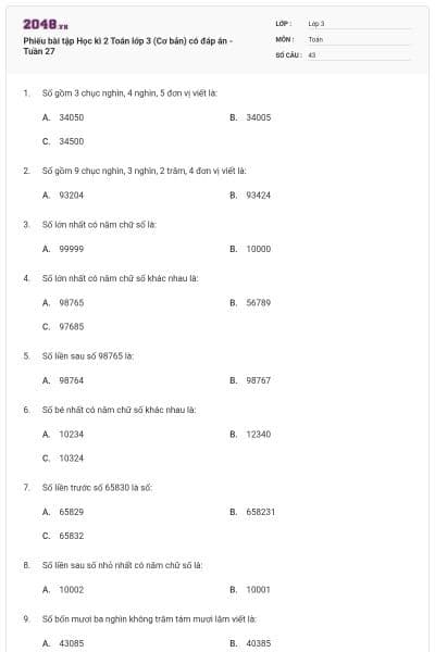 Phiếu bài tập Học kì 2 Toán lớp 3 (Cơ bản) có đáp án - Tuần 27