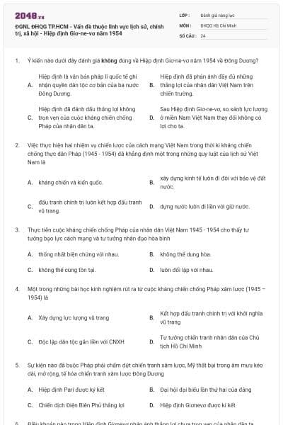 ĐGNL ĐHQG TP.HCM - Vấn đề thuộc lĩnh vực lịch sử, chính trị, xã hội - Hiệp định Giơ-ne-vơ năm 1954