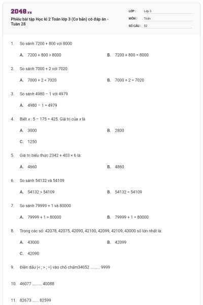 Phiếu bài tập Học kì 2 Toán lớp 3 (Cơ bản) có đáp án - Tuần 28