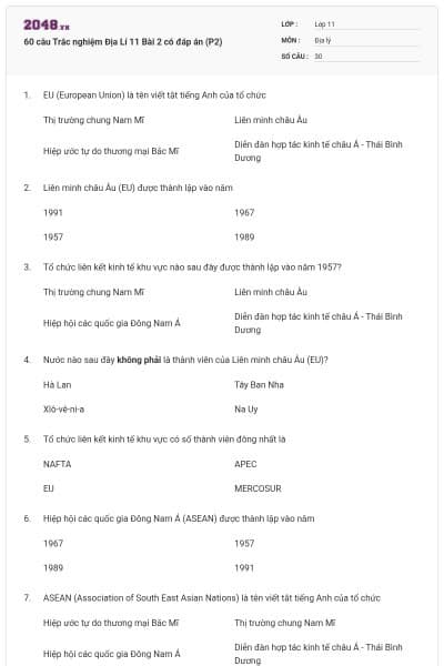 60 câu Trắc nghiệm Địa Lí 11 Bài 2 có đáp án (P2)