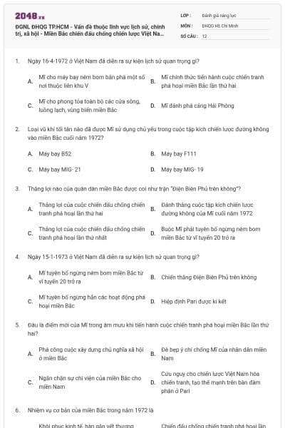 ĐGNL ĐHQG TP.HCM - Vấn đề thuộc lĩnh vực lịch sử, chính trị, xã hội - Miền Bắc chiến đấu chống chiến lược Việt Nam hóa chiến tranh và Đông Dương hóa chiến tranh