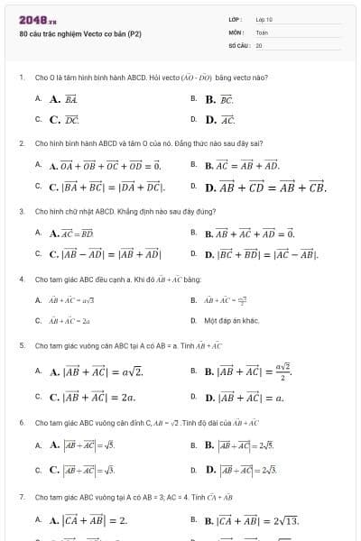 80 câu trắc nghiệm Vectơ cơ bản (P2)