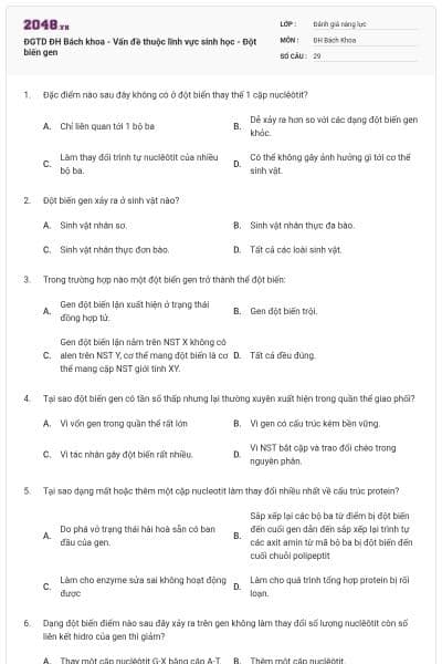 ĐGTD ĐH Bách khoa - Vấn đề thuộc lĩnh vực sinh học - Đột biến gen
