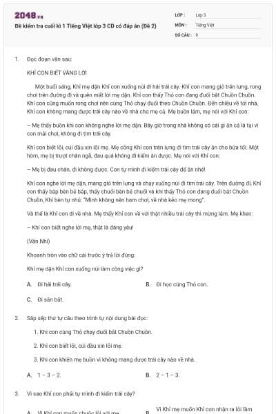 Đề kiểm tra cuối kì 1 Tiếng Việt lớp 3 CD có đáp án (Đề 2)