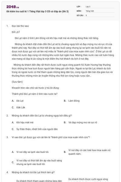 Đề kiểm tra cuối kì 1 Tiếng Việt lớp 3 CD có đáp án (Đề 3)