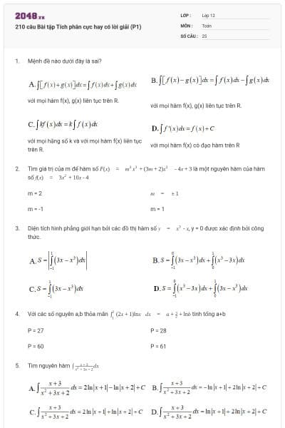 210 câu Bài tập Tích phân cực hay có lời giải (P1)