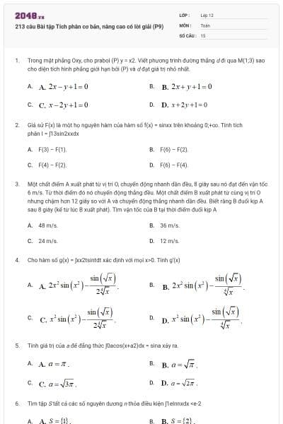213 câu Bài tập Tích phân cơ bản, nâng cao có lời giải (P9)