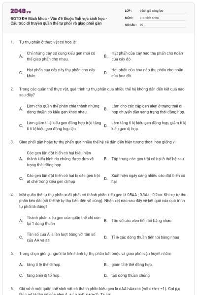ĐGTD ĐH Bách khoa - Vấn đề thuộc lĩnh vực sinh học - Cấu trúc di truyền quần thể tự phối và giao phối gần