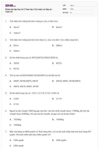 Phiếu bài tập Học kì 2 Toán lớp 3 (Cơ bản) có đáp án - Tuần 33