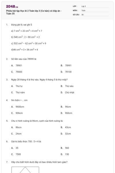 Phiếu bài tập Học kì 2 Toán lớp 3 (Cơ bản) có đáp án - Tuần 35