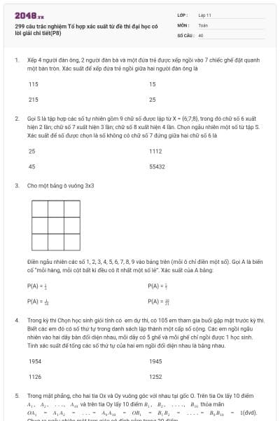 299 câu trắc nghiệm Tổ hợp xác suất từ đề thi đại học có lời giải chi tiết(P8)