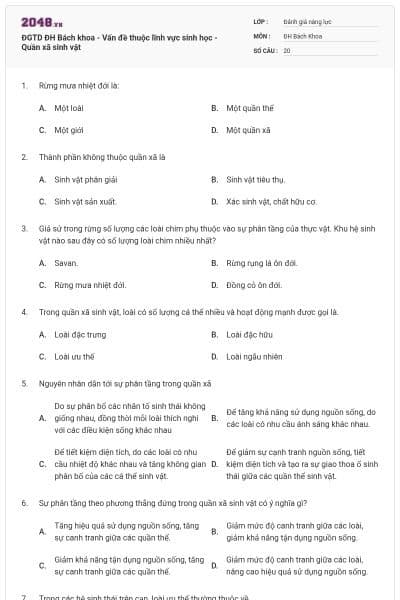 ĐGTD ĐH Bách khoa - Vấn đề thuộc lĩnh vực sinh học - Quần xã sinh vật