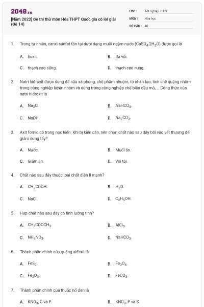 [Năm 2022] Đề thi thử môn Hóa THPT Quốc gia có lời giải (Đề 14)
