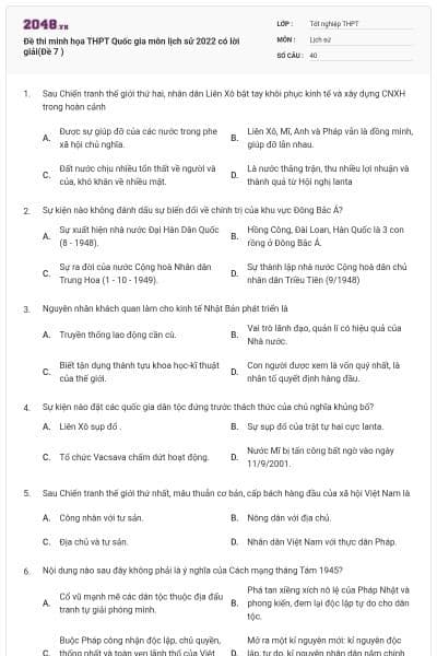 Đề thi minh họa THPT Quốc gia môn lịch sử 2022 có lời giải(Đề 7 )