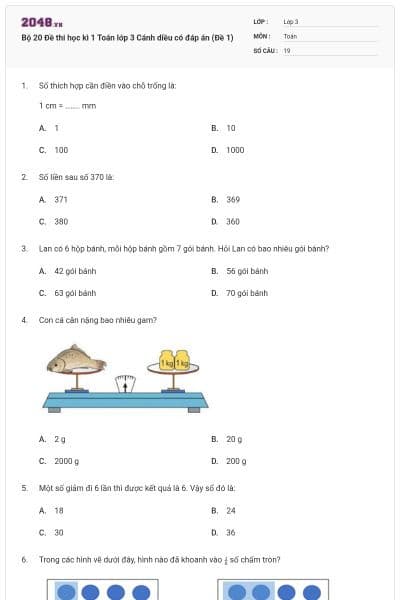 Bộ 20 Đề thi học kì 1 Toán lớp 3 Cánh diều có đáp án (Đề 1)