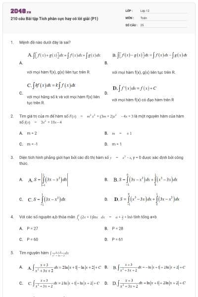210 câu Bài tập Tích phân cực hay có lời giải (P1)