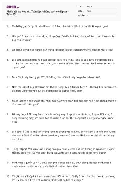 Phiếu bài tập Học kì 2 Toán lớp 3 (Nâng cao) có đáp án -Tuần 25