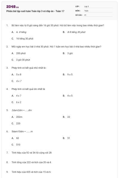 Phiếu bài tập cuối tuần Toán lớp 3 có đáp án - Tuần 17