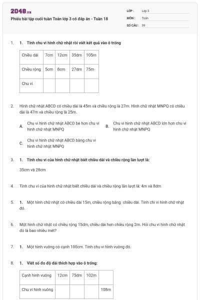 Phiếu bài tập cuối tuần Toán lớp 3 có đáp án - Tuần 18