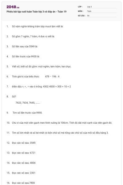 Phiếu bài tập cuối tuần Toán lớp 3 có đáp án - Tuần 19
